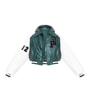 Green Leather Sleeve Cropped Varsity Bomber Jacket